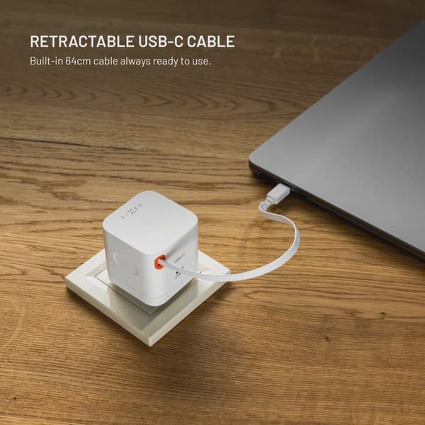 FIXED Supersnabb dubbel USB-C-laddare med utdragbar kabel 65W Vit