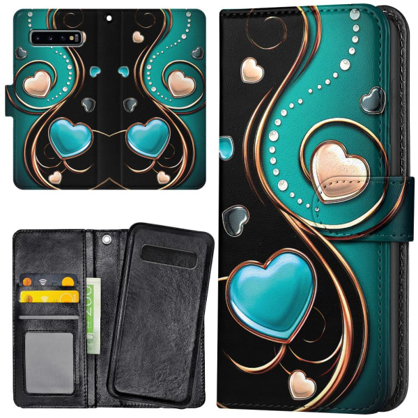 Samsung Galaxy S10 Plus - Plånboksfodral/Skal Hjärtan