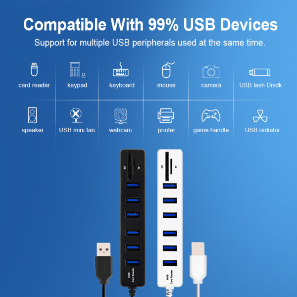USB 2.0-Hubb med Kortläsare - 6-Portar - Flera färger Svart