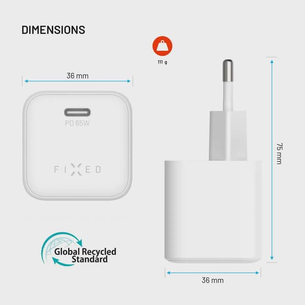 FIXED Mini GaN Väggladdarset 65W 2m Vit