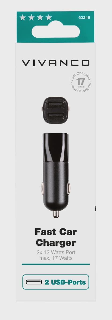 Vivanco 2xUSB Billaddare (2.4A+1A) 12/24V Svart