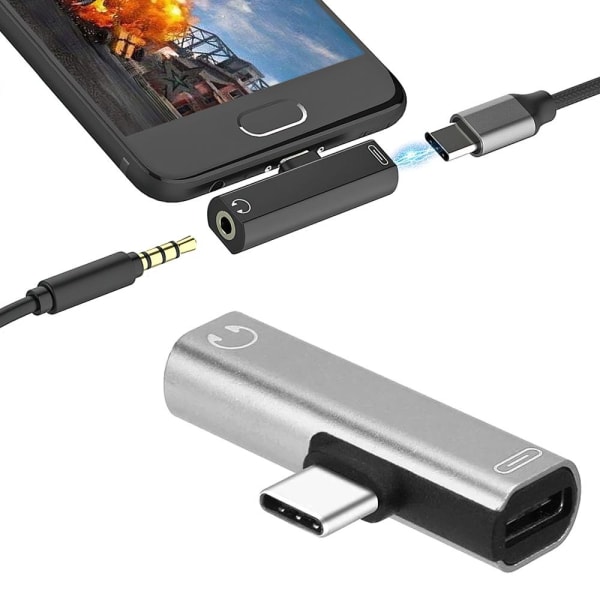 USB-C Hodetelefonadapter / Splitter - Lad & Lytt - AUX Adapter Silver
