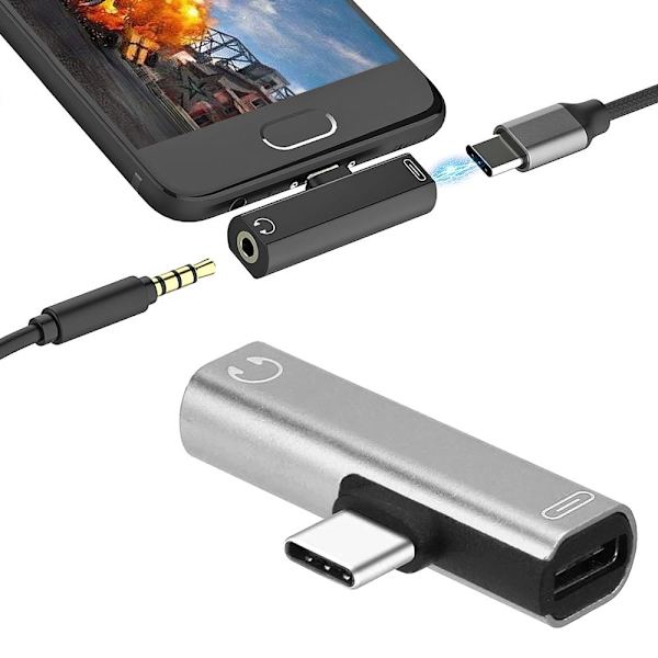 USB-C Hörlursadapter / Splitter - Ladda & Lyssna - AUX Adapter Silver