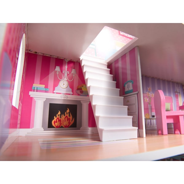 MDF-dockhus i trä + möbler 70 cm rosa LED