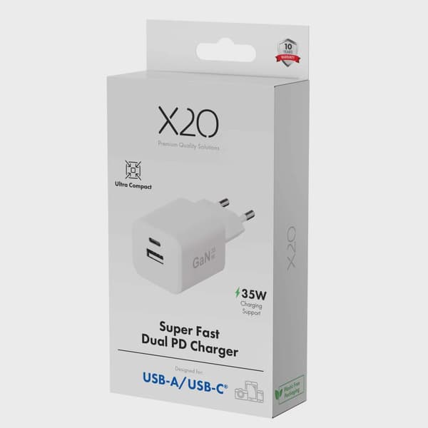 X2O 35W dubbel hemmaladdare USB-C/A GaN vit