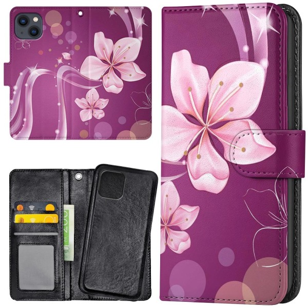 iPhone 13 - Plånboksfodral/Skal Vit Blomma multifärg