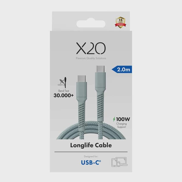 X2O Longlife 100W USB-C/C-kabel 2 m molnblå