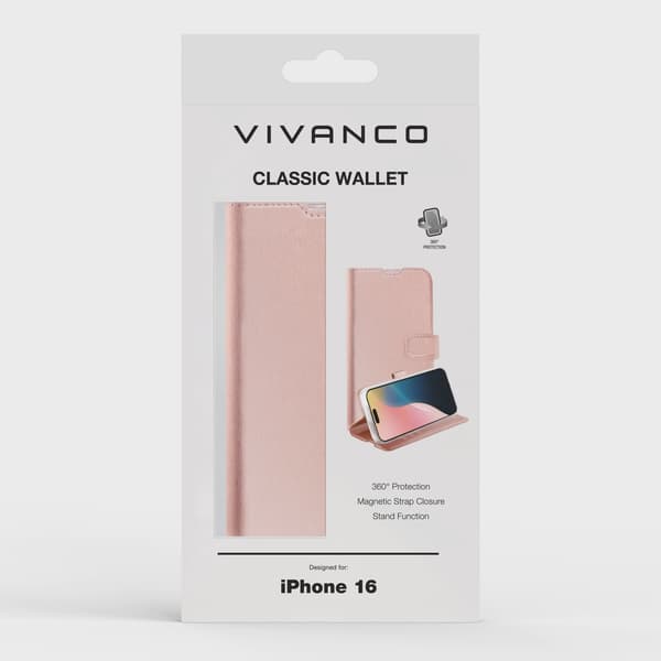 Vivanco Classic Plånboksfodral iPhone 16 Rosa Guld
