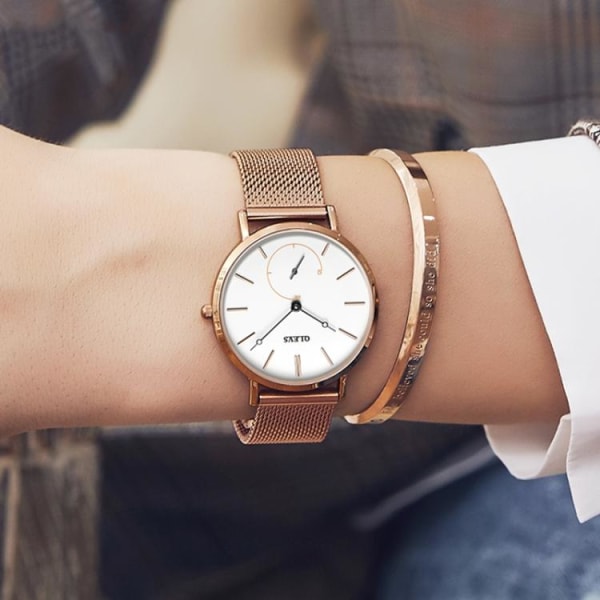 Kvartsklokke / armbåndsur for kvinner - Rose gull / Hvit Pink gold