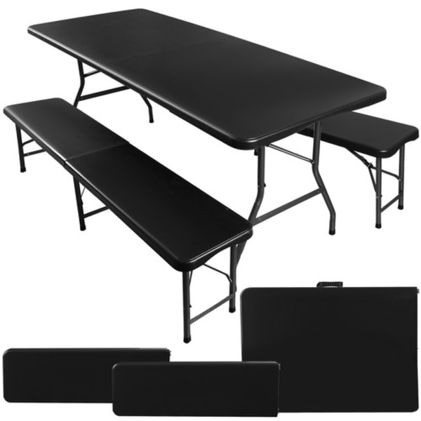 Sammenklappeligt havebord 180 cm + 2 bænke - sort