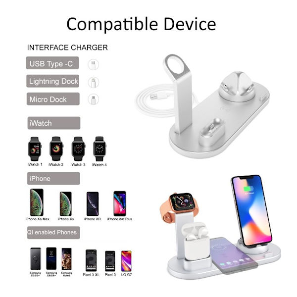 Laddningsstation för Mobil, Apple Watch & AirPods - Induktion Silver