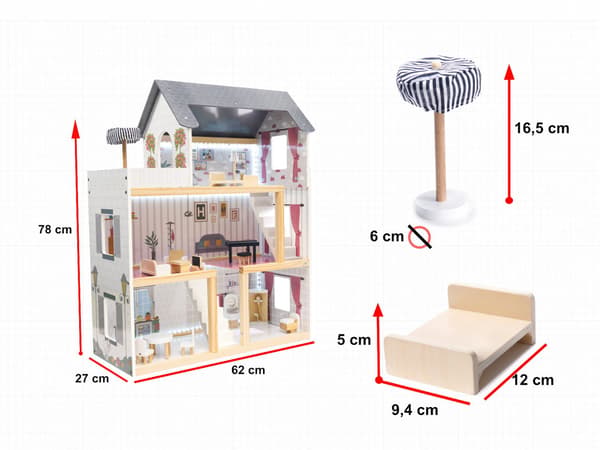 MDF-dockhus i trä + möbler 78 cm svart LED