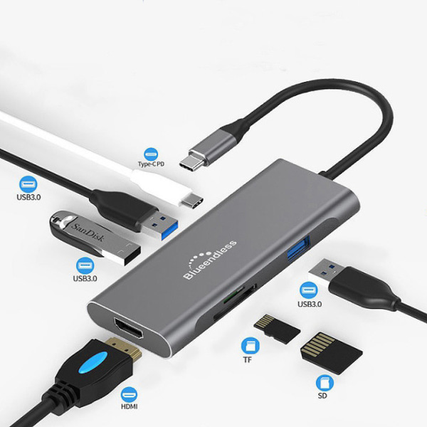 Thunderbolt til USB med 3 porter + HDMI + USB-C Adapter Macbook Dark grey