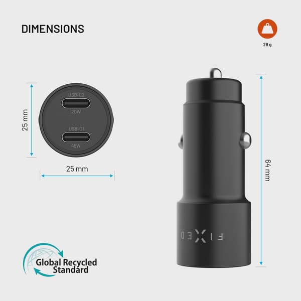 FIXED Supersnabb 65W 2x USB-C billaddare Svart