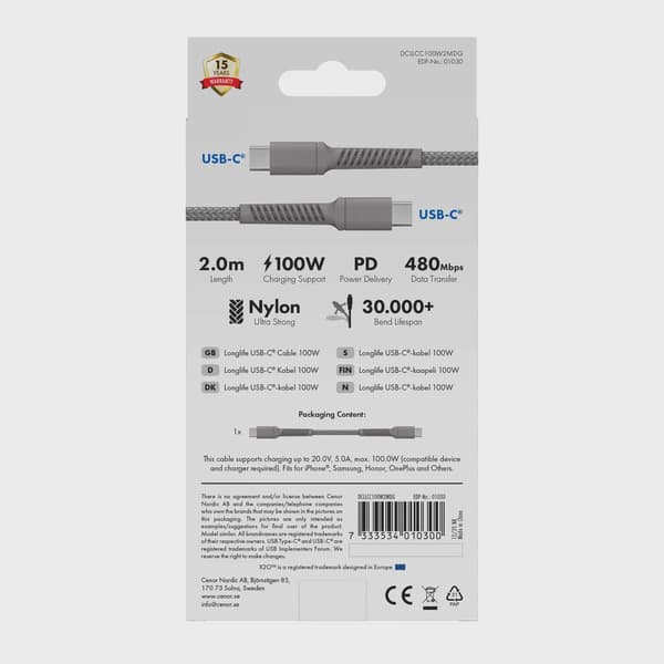 X2O Longlife 100W USB-C/C-kabel 2 m titangrå