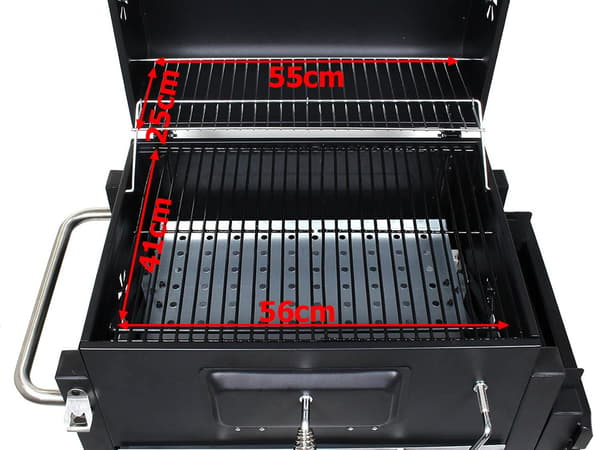 Träkol trädgårdsgrill två galler termometer lock hylla askfat stor