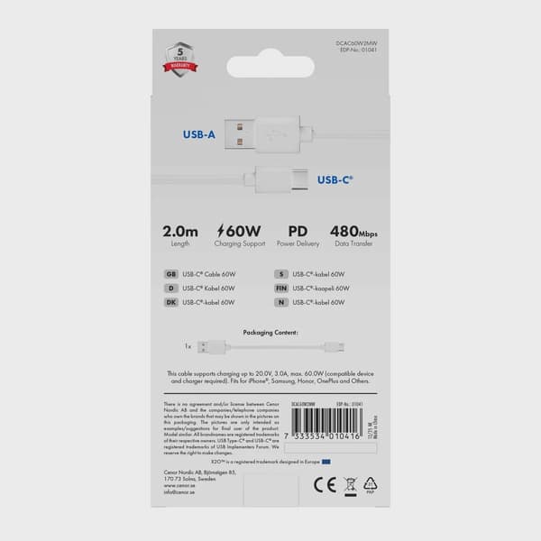 X2O Basic USB-A/C 60W-kabel 2 m vit