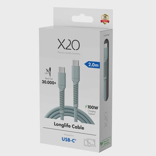 X2O Longlife 100W USB-C/C-kabel 2 m molnblå