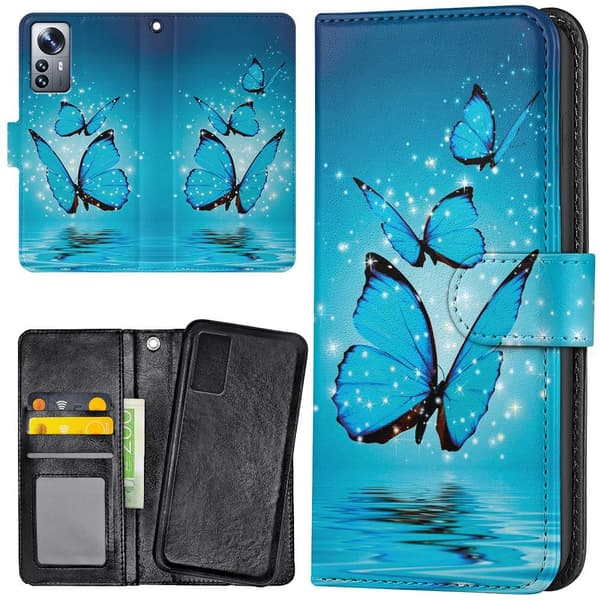 Xiaomi 12 Pro - Lommebok Deksel Glitrende Sommerfugler