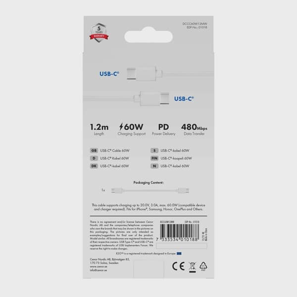 X2O Basic 60W USB-C/C-kabel 1,2 m vit