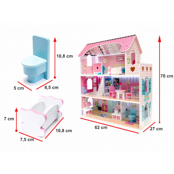 MDF-dockhus i trä + möbler 70 cm rosa LED