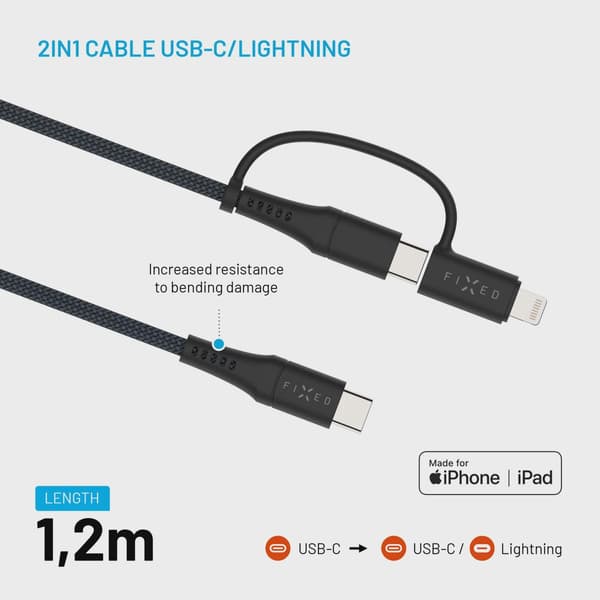 FIXED 2in1 Combo 60W USB-C/Lightning kabel 1.2m Svart