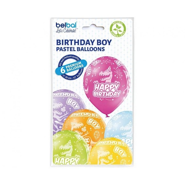 Dinosaur Ballonger, Grattis på Födelsedagen, 6-pack, 30 cm (12 tum)