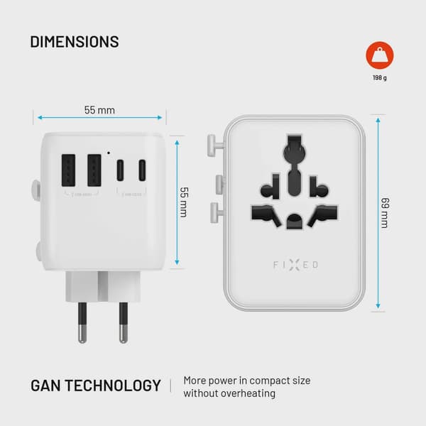 FIXED Reseladdare USB-C/-A 70W EU/Storbritannien/USA/Australien Vit