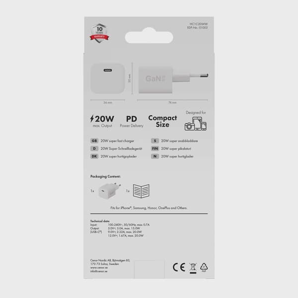 X2O 20W hemmaladdare USB-C GaN vit