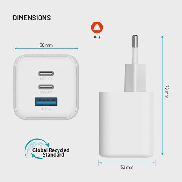 FIXED Super Fast Mini Charger 65W 2xUSB-C PD + USB-A Vit