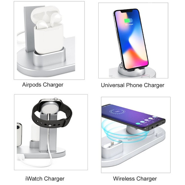 Laddningsstation för Mobil, Apple Watch & AirPods - Induktion Silver