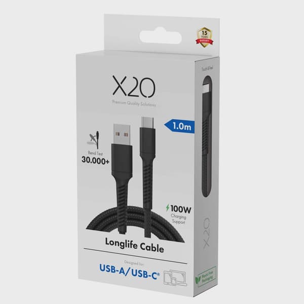 X2O Longlife 60W USB-A/C-kabel 1 m svart