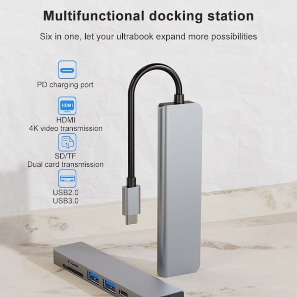6-i-1 USB-C Hubb Adapter - HDMI, SD, TF, PD, USB 3.0 grå