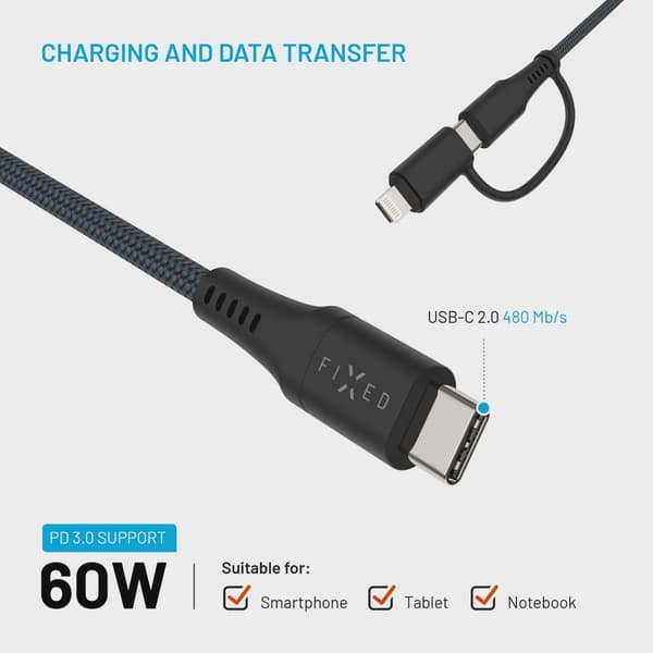 FIXED 2in1 Combo 60W USB-C/Lightning kabel 1.2m Svart