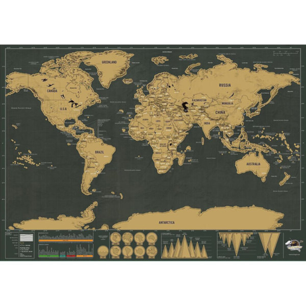 Kort med Skrabe / Scratch Map / Verdenskort - 82 x 59 cm Gold