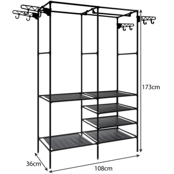 Klädhängare Ställ / Kapphängare med Hyllor - 170cm Svart