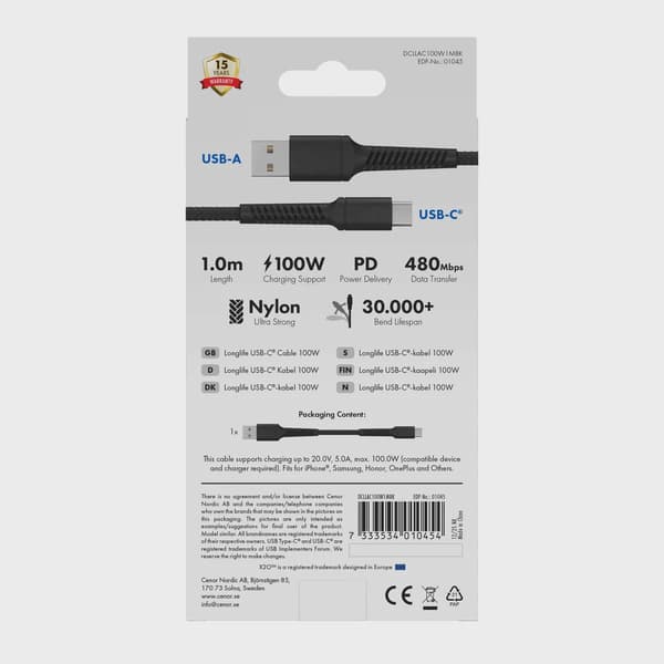 X2O Longlife 60W USB-A/C-kabel 1 m svart
