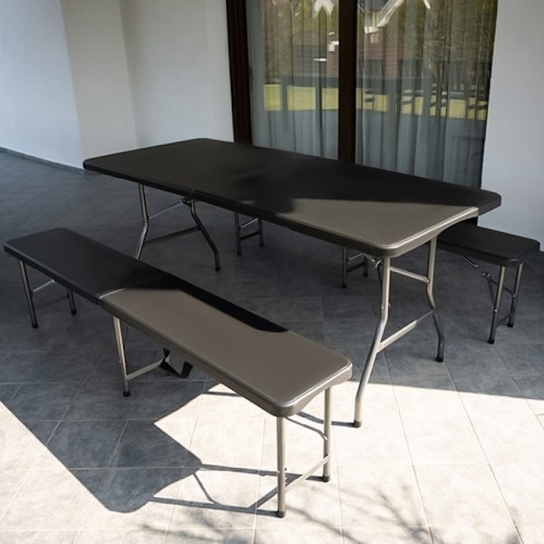 Hopfällbart Campingbord med Bänkar-Stol/Bord till Camping-180 cm Svart