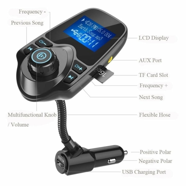Bluetooth FM-sender & MP3 med USB & svarfunksjon - For bil Black