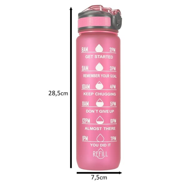 Vattenflaska med Sugrör & Tidsmarkör - 1L Rosa