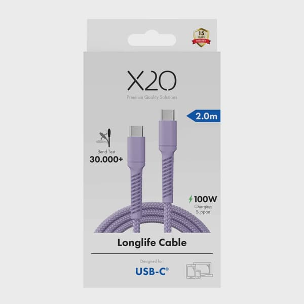 X2O Longlife 100W USB-C/C-kabel 2 m lavendel