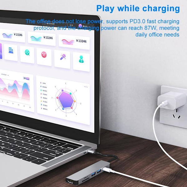 6-i-1 USB-C Hubb Adapter - HDMI, SD, TF, PD, USB 3.0 grå