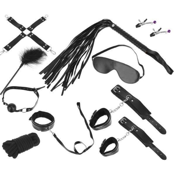 12-Dels BDSM Bondage Kit med Håndjern, pisk, munnkurv osv. Black