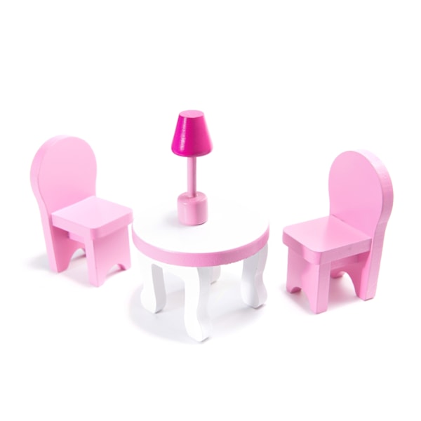 MDF-dockhus i trä + möbler 70 cm rosa LED