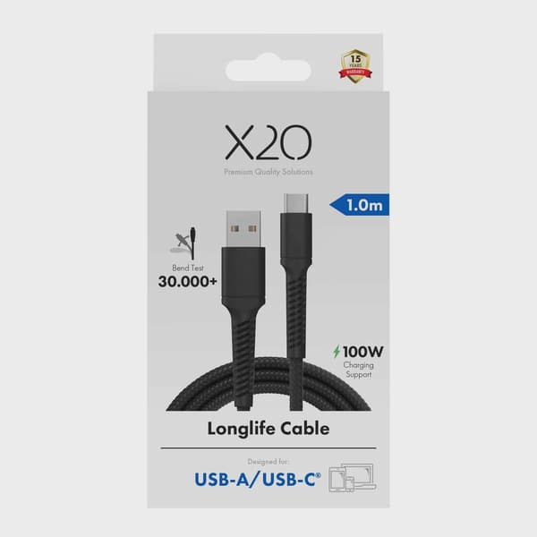 X2O Longlife 60W USB-A/C-kabel 1 m svart