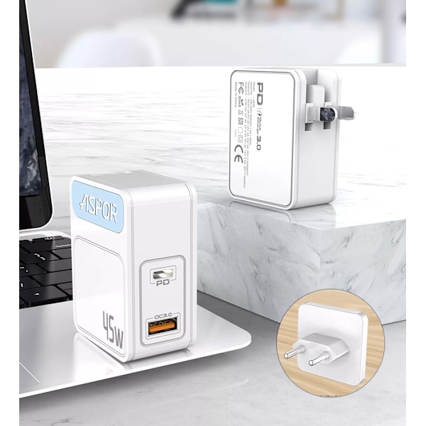 45W Laddare med Reseadapter US/EU - USB-C - PD - Snabbladdare White