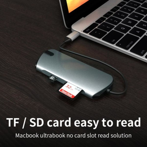 USB-C / Thunderbolt 3 - USB 3.0-Hubb - Macbook HDMI & Kortläsare Silver