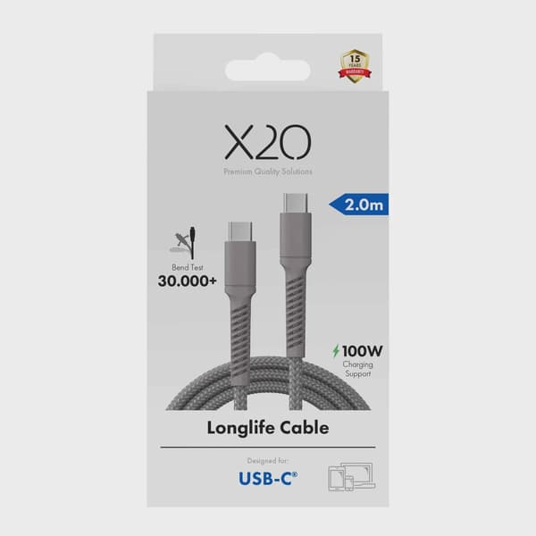 X2O Longlife 100W USB-C/C-kabel 2 m titangrå
