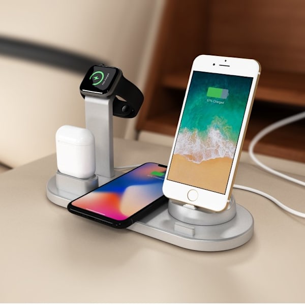 Ladestation til Mobil, Apple Watch & AirPods – Induktion Silver