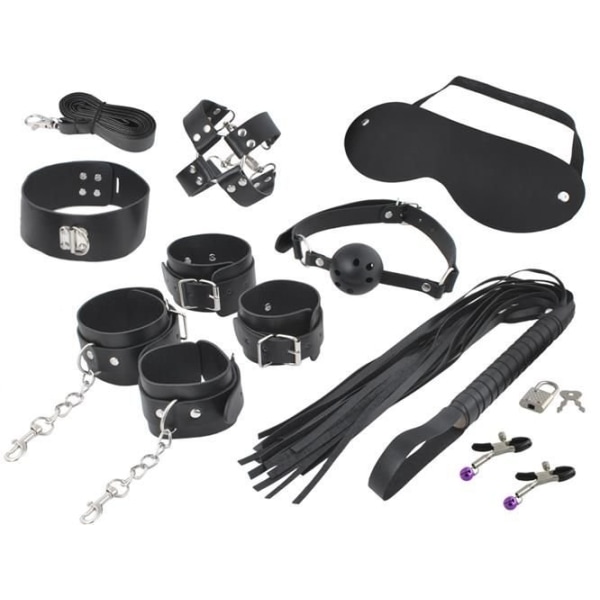 BDSM Bondage Kit käsiraudoilla, piiskalla, gagilla - 13-osainen Black